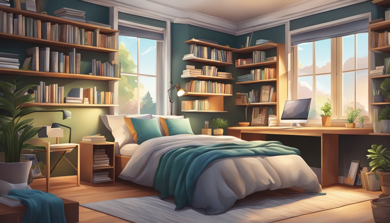 A cozy bedroom with a study table positioned by the window, shelves filled with books, and a neatly made bed