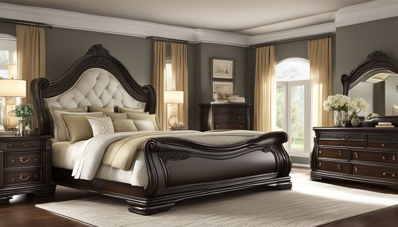 A luxurious queen bedroom set with a sleigh bed, matching nightstands, and a dresser with a large mirror. Rich, dark wood and ornate detailing give the set an elegant and regal feel