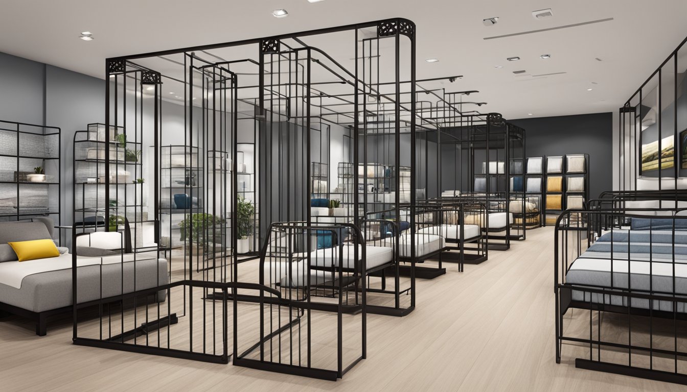 A showroom displays various metal bed frames in Singapore