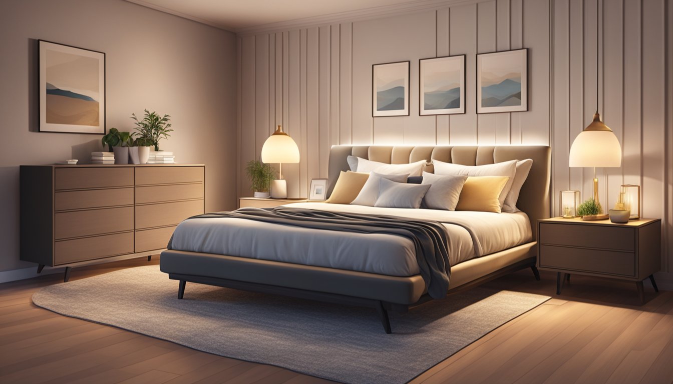 A cozy bedroom with a luxurious mattress and soft, inviting bedding. A warm, ambient light creates a relaxing atmosphere, promoting a restful sleep experience