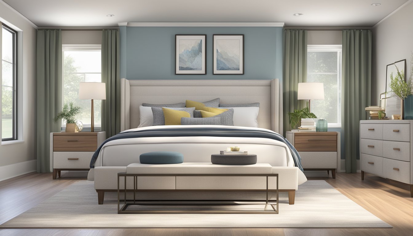 A spacious bedroom with a queen-sized bed, matching nightstands, and a large dresser. The room is well-lit with natural light and features a clean, modern design