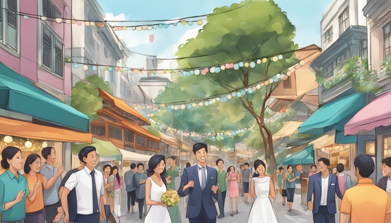A bustling Singaporean street with wedding vendors and planners, colorful decorations, and happy couples discussing their dream weddings