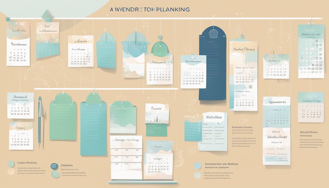 A calendar with key milestones marked, such as venue booking, gown fitting, and invitation ordering. Time estimates for each task are listed to show the timeline for planning a wedding in Singapore