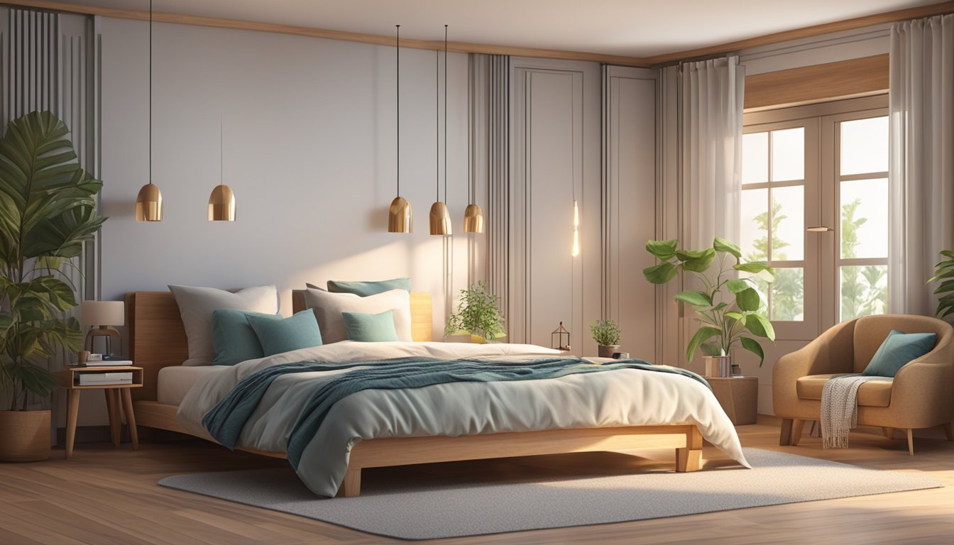 A cozy bedroom with a neatly made bed and a comfortable mattress, surrounded by soft pillows and a warm, inviting atmosphere