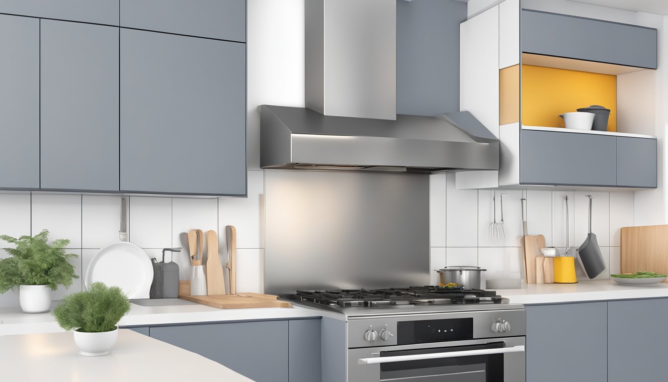 A stainless steel chimney hood is being installed above a modern stove in a sleek kitchen. The installer is securing the hood to the wall and connecting the ventilation ducts