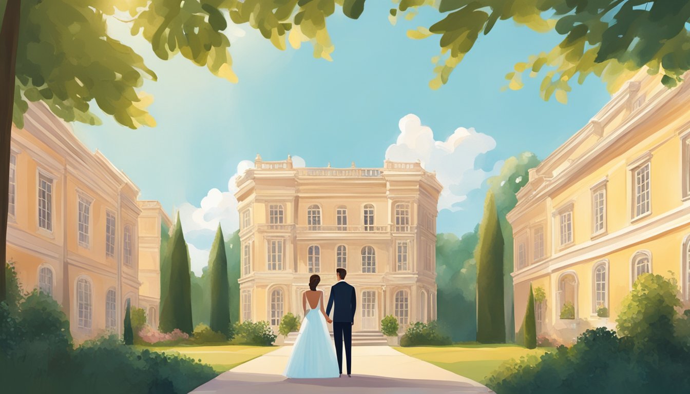 A couple stands in front of a row of elegant wedding venues, carefully considering their options. The sun shines down, casting a warm glow on the buildings and surrounding greenery
