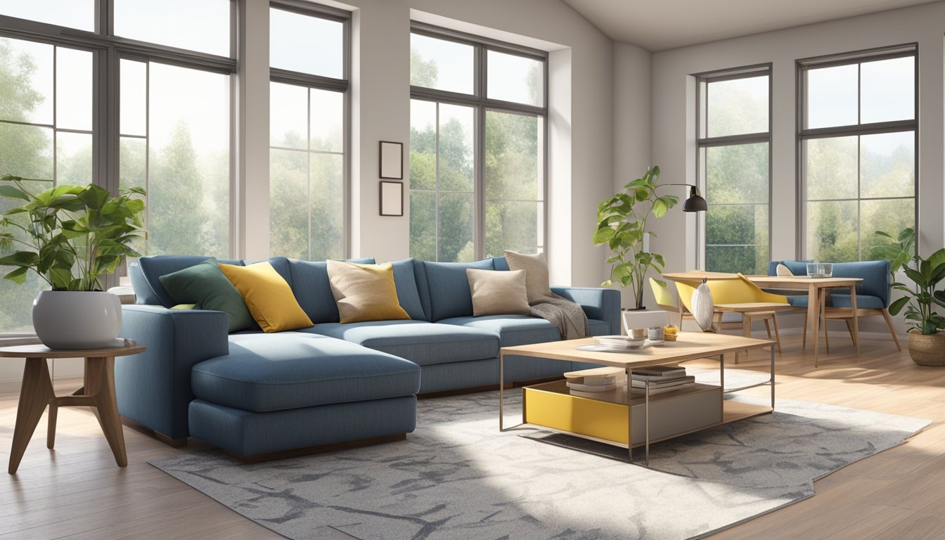 An L-shaped sofa fills the living room, facing a large window. The room is bathed in natural light, with a coffee table in front of the sofa