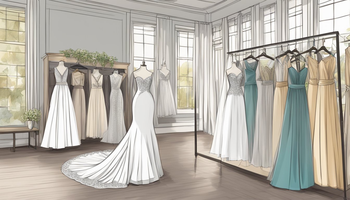 A bride's gown and veil hang on a dress form next to a table covered in fabric swatches and sketches. Mannequins display tuxedos and bridesmaid dresses