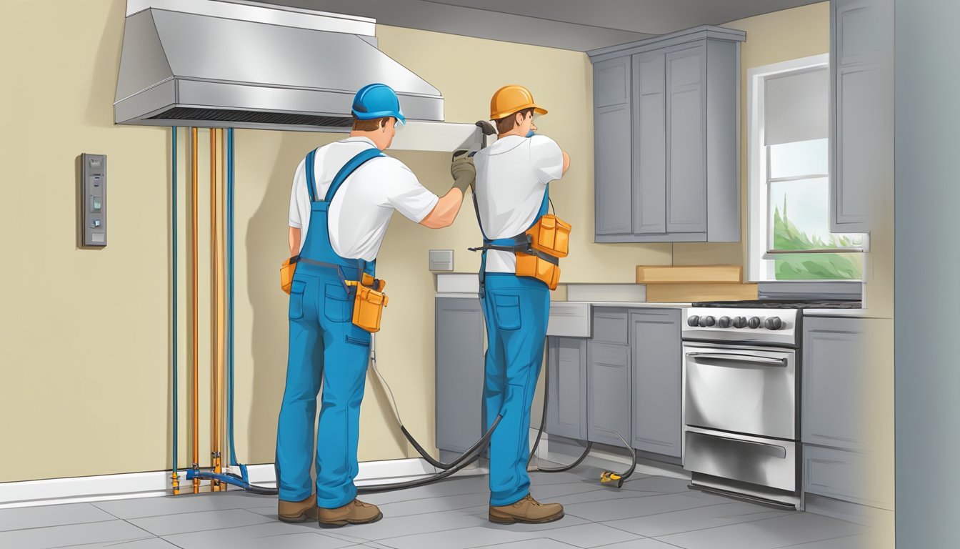 A technician installs a chimney hood, connecting ductwork and securing it to the wall