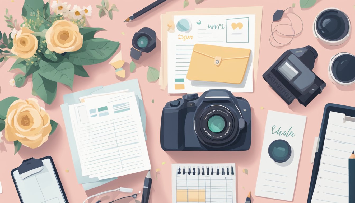 A camera and a video camera are set up on a table, surrounded by wedding planning materials such as invitations, flowers, and a schedule