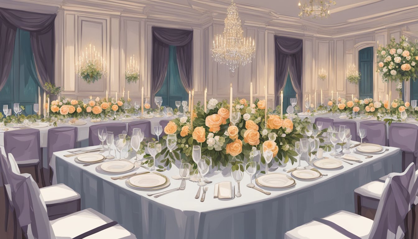 A table set with elegant place settings, floral centerpieces, and personalized wedding favors. A wedding planner reviews the timeline and seating arrangements