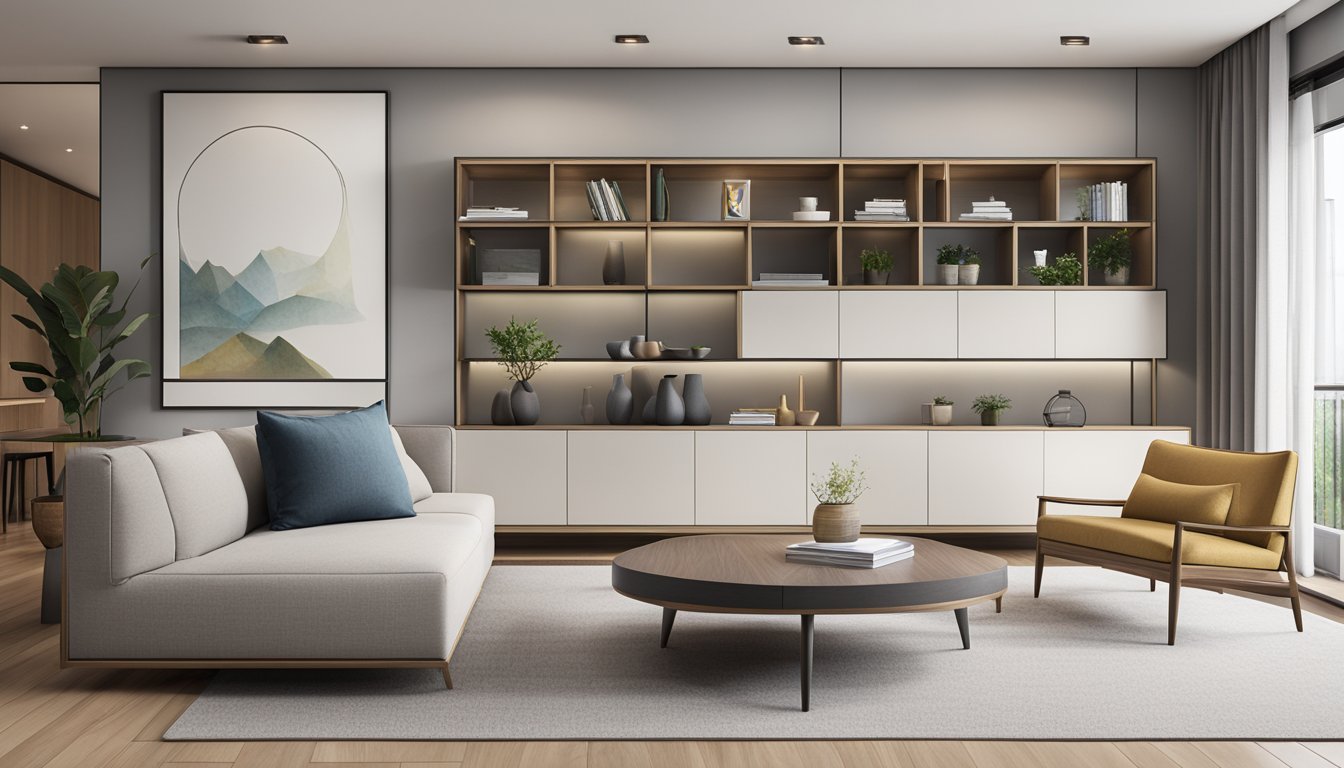 A sleek, modern sideboard in a spacious Singaporean living room, with clean lines and minimalist design, surrounded by contemporary furniture and decor