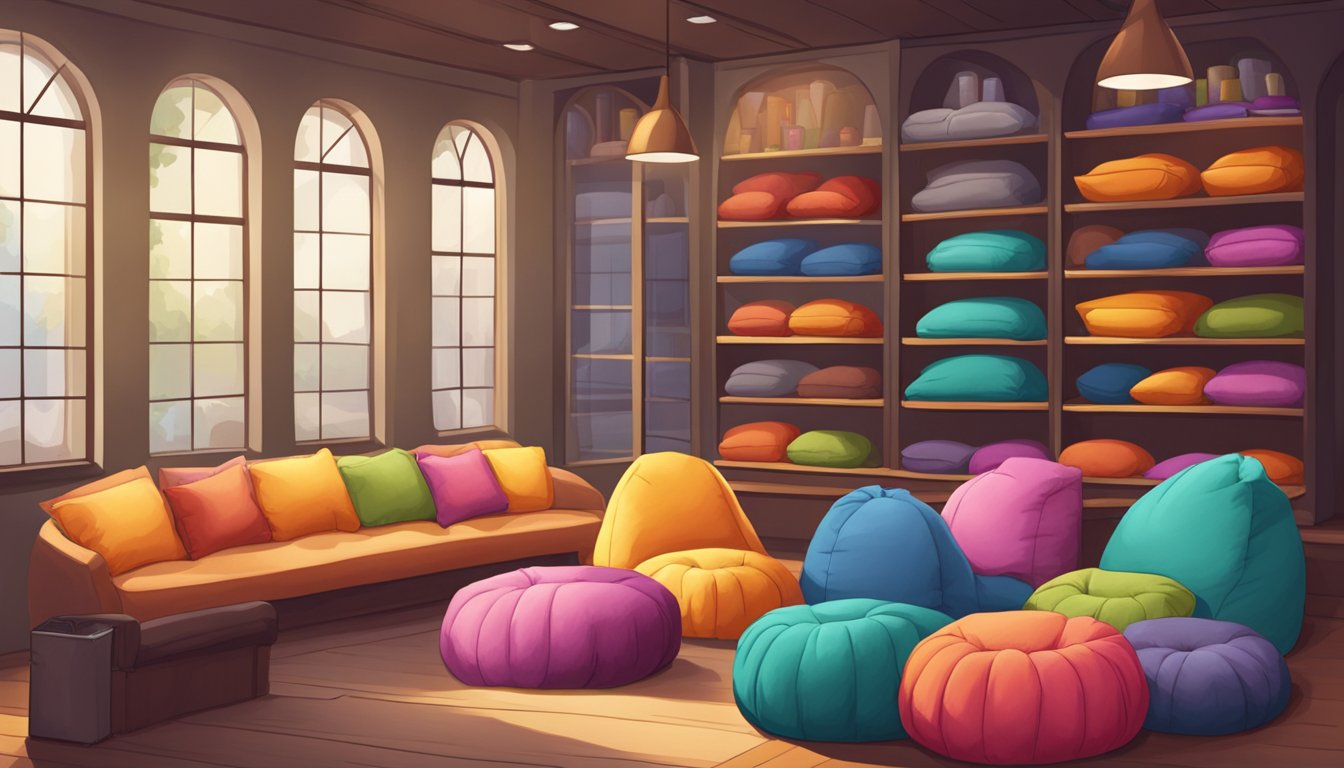 A cozy bean bag shop filled with colorful, oversized cushions. Displayed in neat rows, inviting customers to sink into their plush comfort