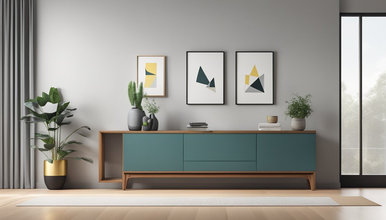 A modern sideboard with sleek lines and wood finish stands against a minimalist backdrop, showcasing its elegant design and functional storage features