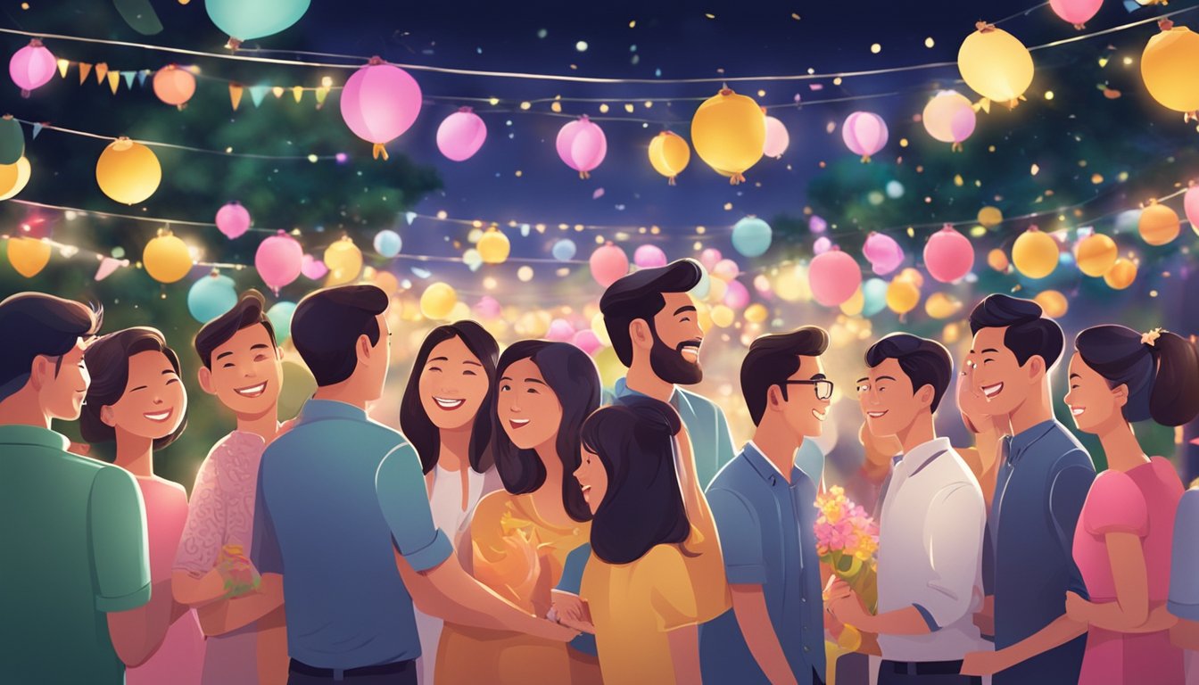 A group of friends and family gather in a vibrant and lively setting, adorned with colorful decorations and festive lights, to celebrate the upcoming wedding in Singapore