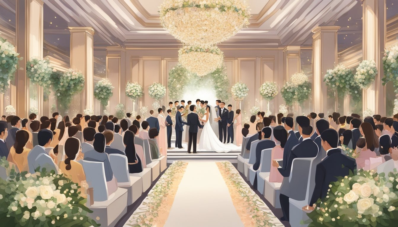 A grand wedding ceremony in a lavish Singapore venue, adorned with elegant decorations and surrounded by joyful guests celebrating the special occasion