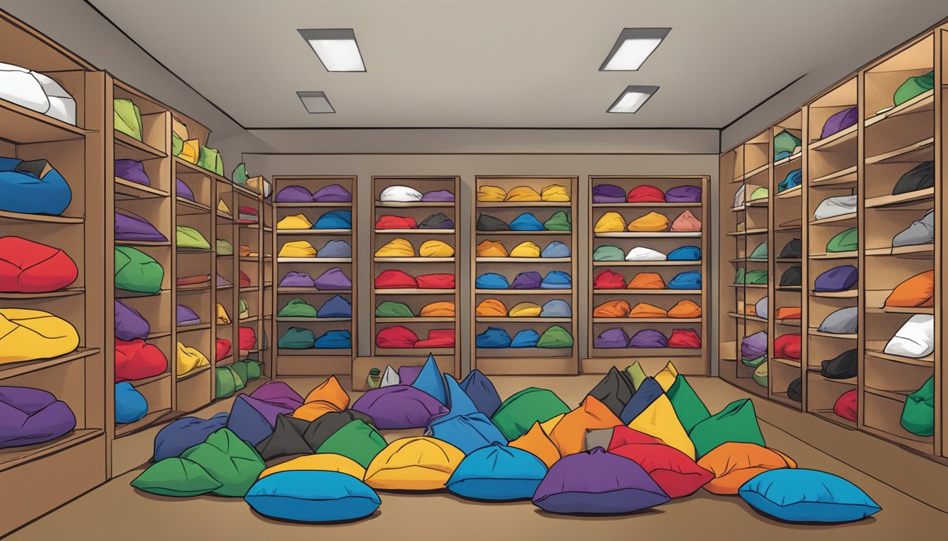 A colorful array of bean bags fills the shop, arranged in a variety of sizes and styles. The logo "Discover Our Bean Bag Collection" hangs prominently above the display