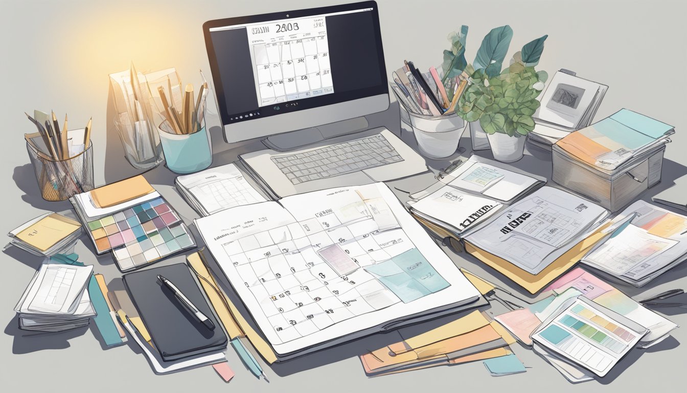 A cluttered desk with a calendar, wedding magazines, and a laptop. A bride's dress sketch and color swatches are scattered around