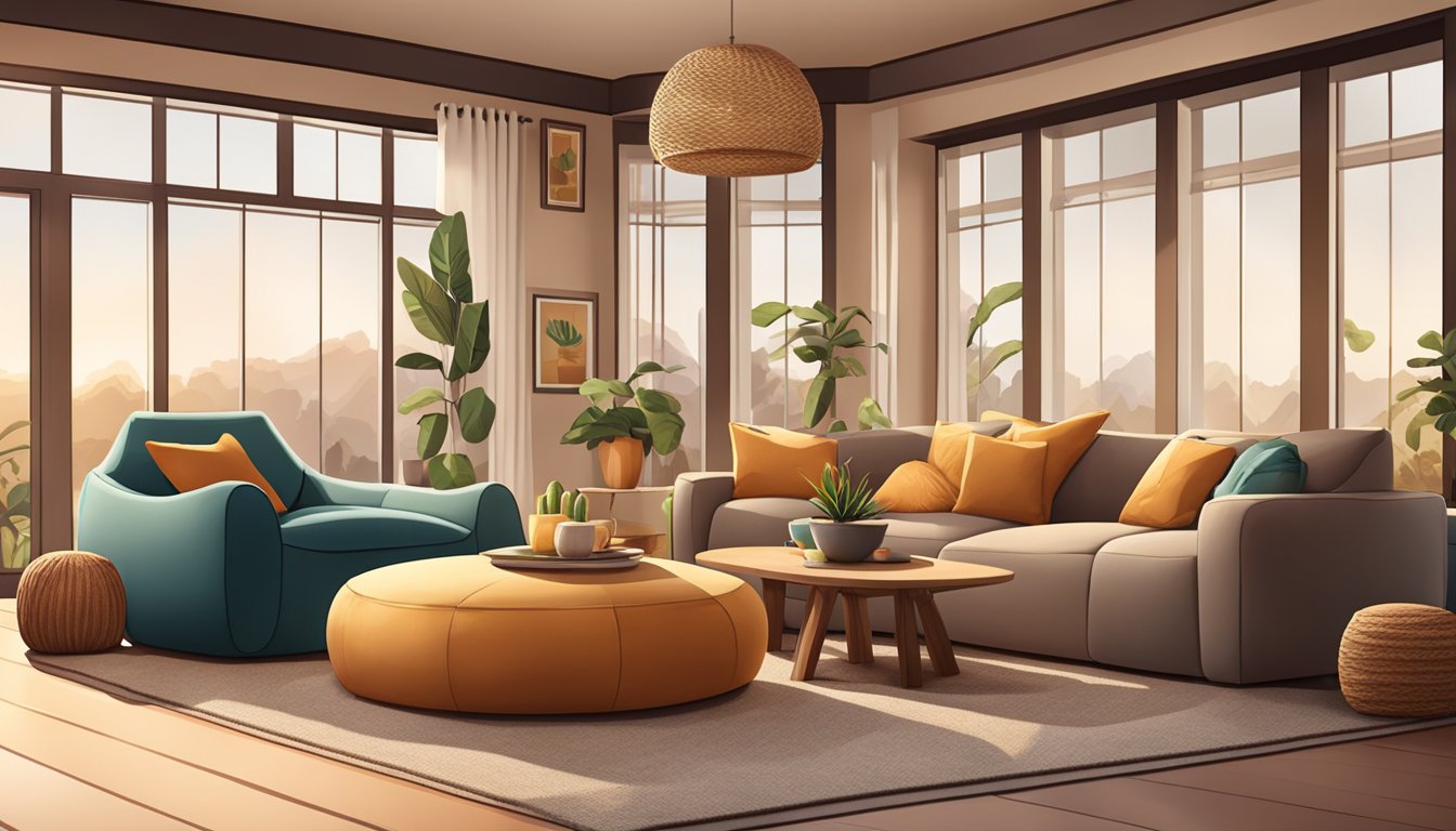 A cozy living room with a variety of bean bag chairs and ottomans, soft lighting, and a warm color scheme, creating a welcoming and comfortable atmosphere