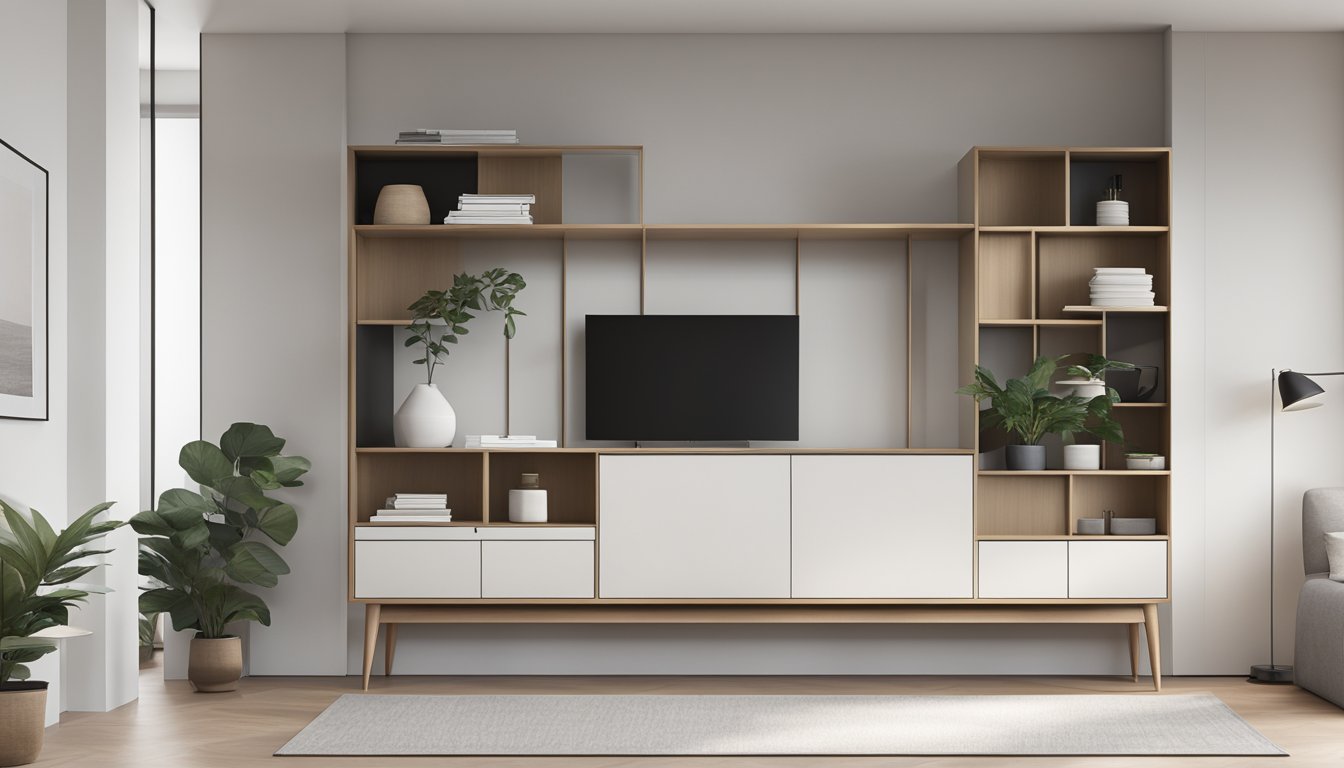 A sleek, modern sideboard in a minimalist room, with multiple compartments and sliding doors for storage. Clean lines and a neutral color palette exude functionality and sophistication