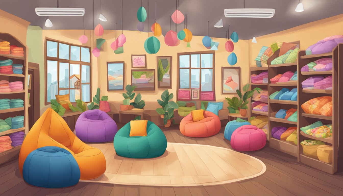 A cozy bean bag shop with colorful displays and a sign reading "Frequently Asked Questions." Customers browse and try out various bean bag chairs and loungers