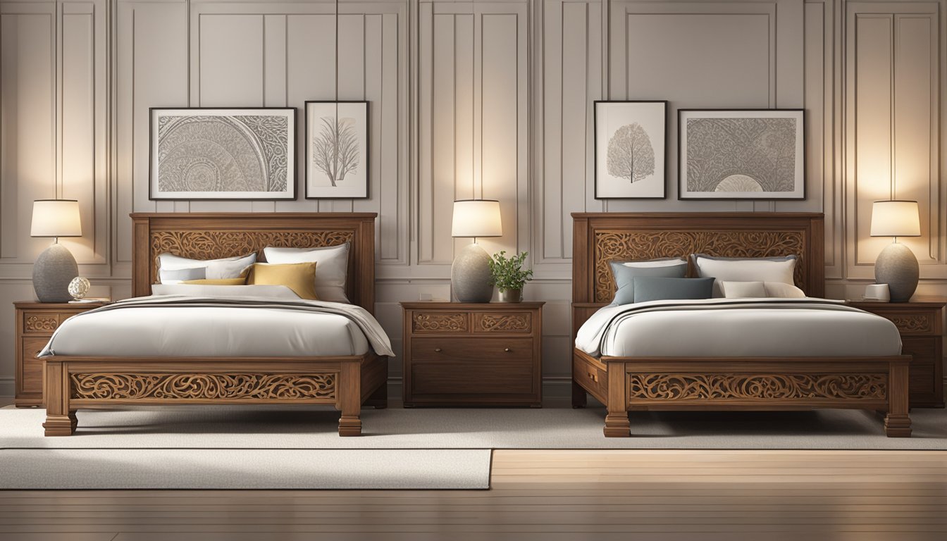 Two wooden bedframes, one with intricate carvings, the other simple and modern, sit side by side in a dimly lit room