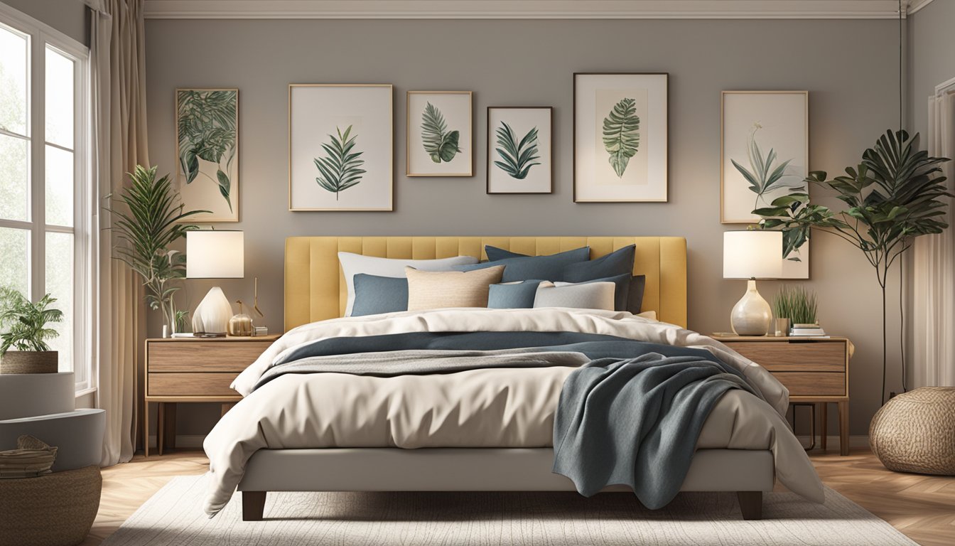 A cozy bedroom with a variety of bed frames displayed against a neutral backdrop, with soft lighting highlighting the different styles and materials