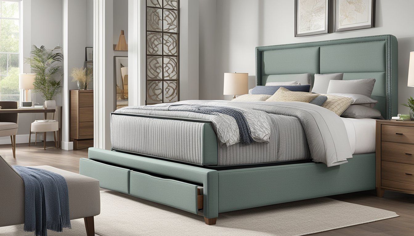 A customer carefully selects a bedframe, comparing different styles and materials. The showroom is bright and organized, with a variety of options displayed