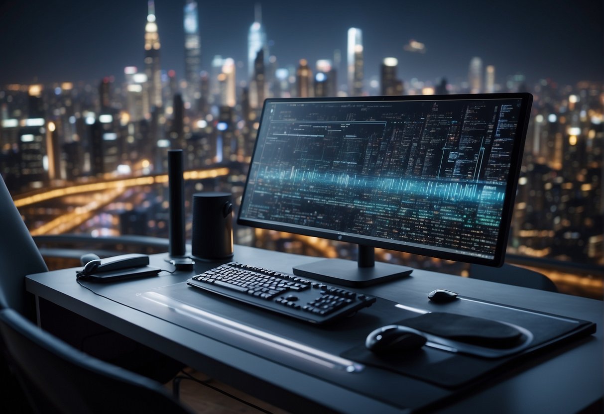 A computer surrounded by code, algorithms, and data visualizations, with a futuristic cityscape in the background