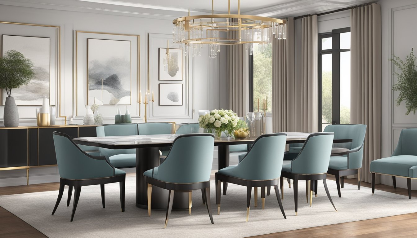 A sleek, modern dining chair sits in a well-lit room, surrounded by a stylish dining table and elegant decor. The chair exudes comfort and sophistication, with clean lines and luxurious upholstery