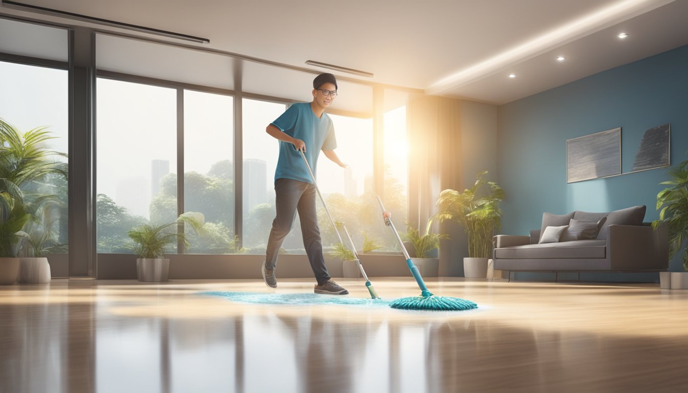 A sparkling clean floor with a high-quality mop in action, gliding effortlessly across the surface in a well-lit room in Singapore
