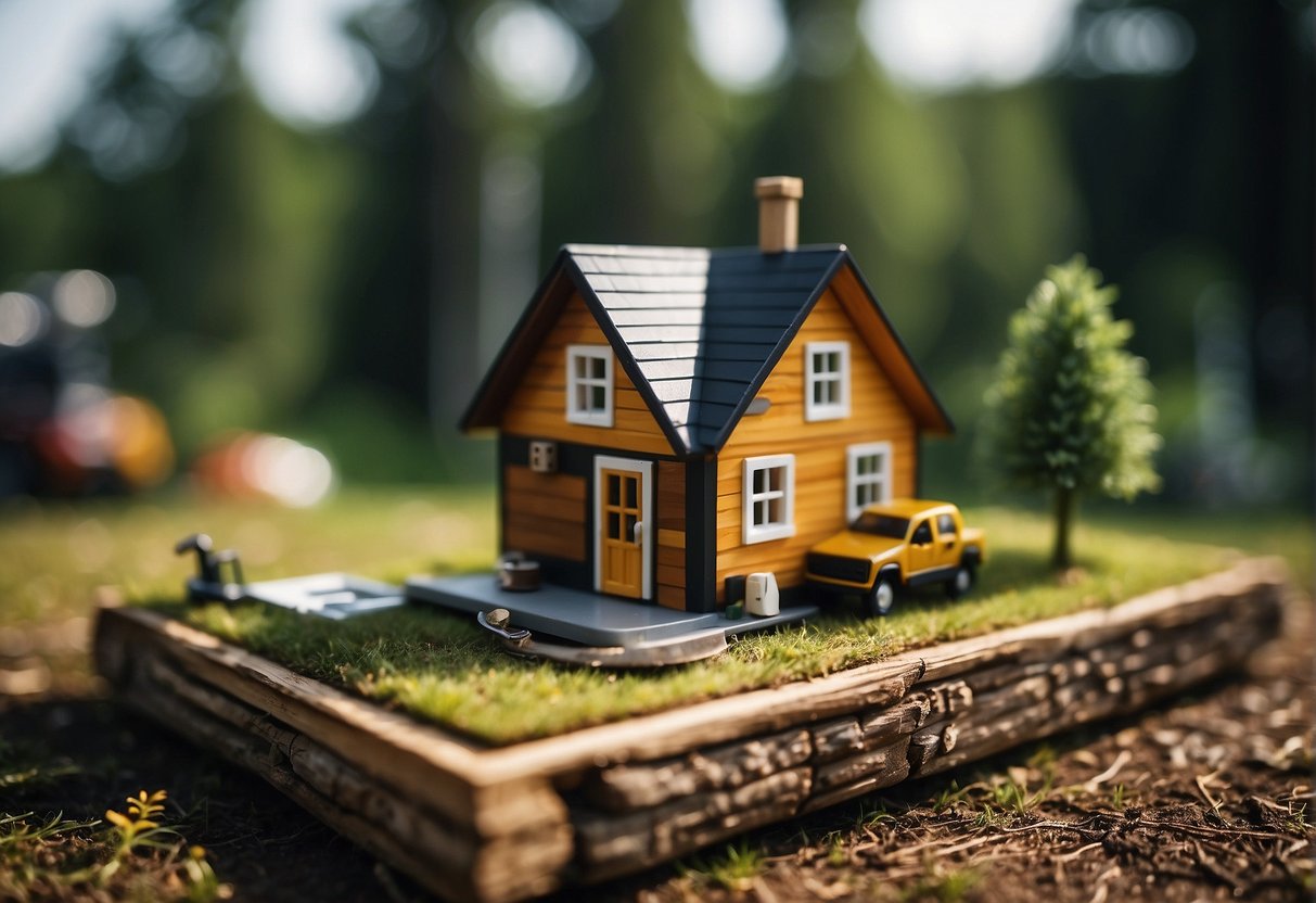 A tiny house sits on a grassy lot, surrounded by trees. A small construction crew works on the house, measuring and sawing wood. A price list and calculator sit on a nearby table