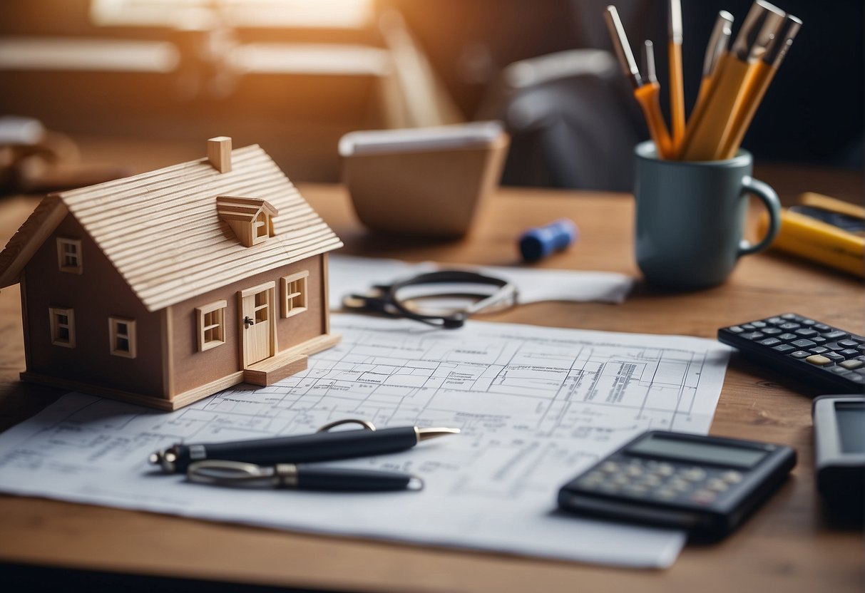 A tiny house under construction with materials and tools scattered around, a blueprint on a table, and a calculator displaying cost calculations