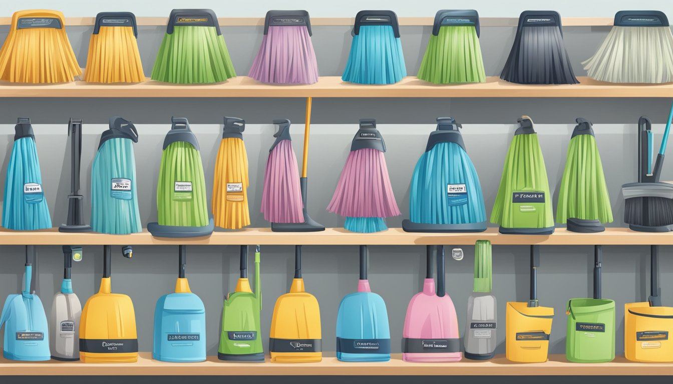 A variety of mops displayed on shelves with labels indicating "Best Mop Singapore."