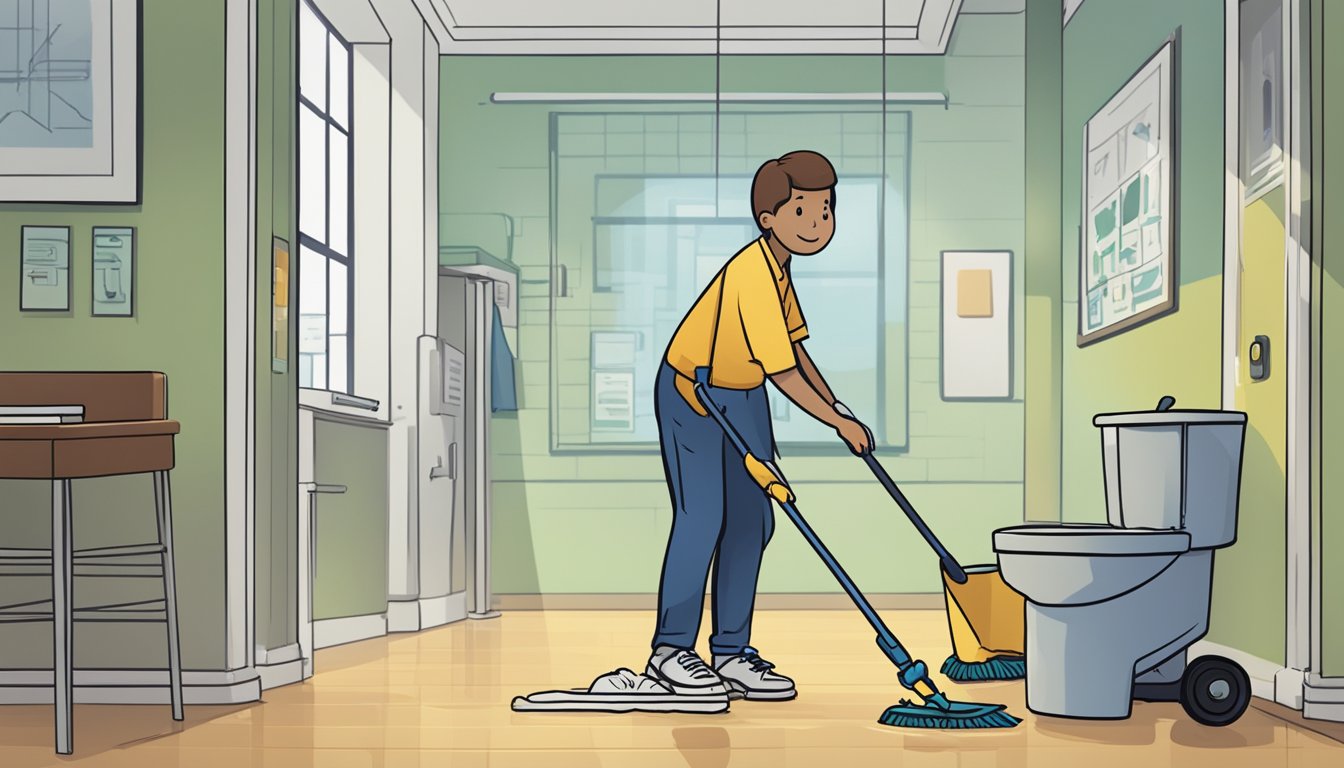 A mop standing upright with "Frequently Asked Questions" text in the background