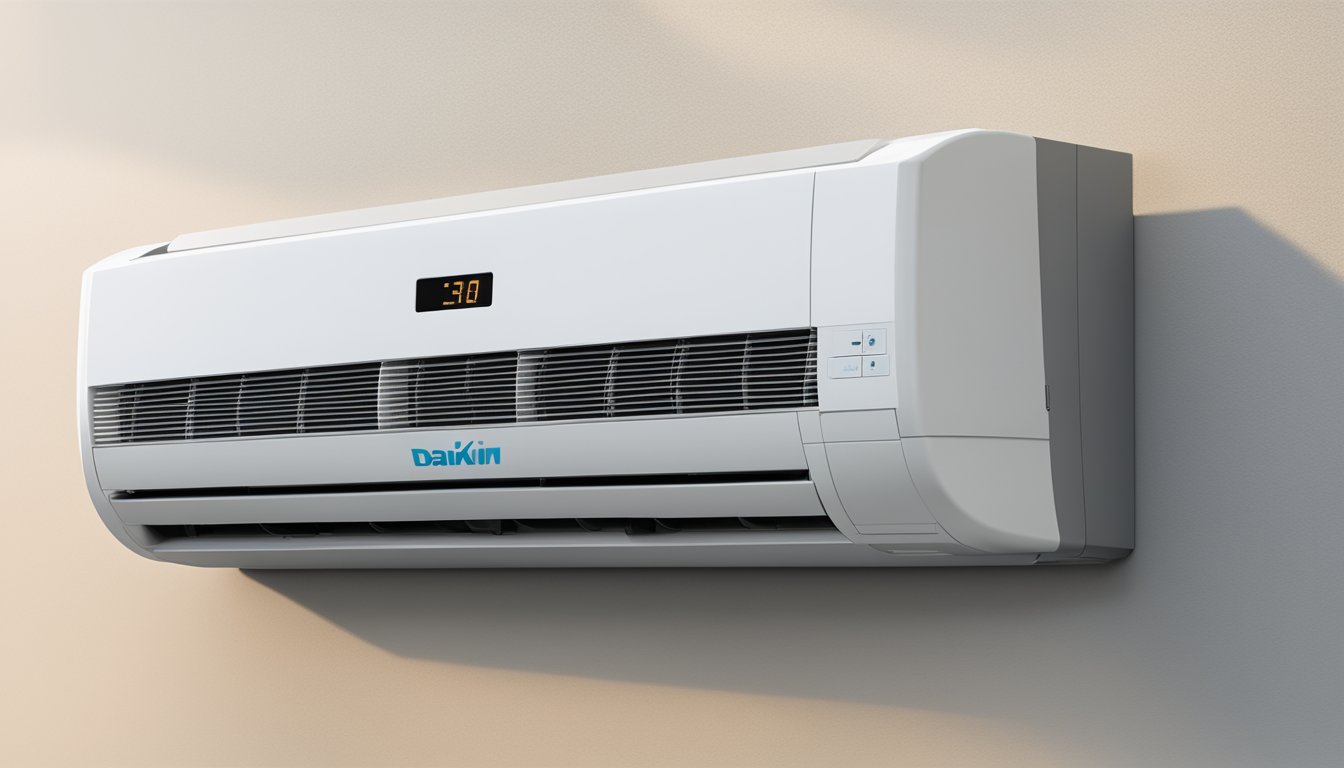 A Daikin AC unit mounted on a wall, emitting cool air with a digital display showing the current temperature setting