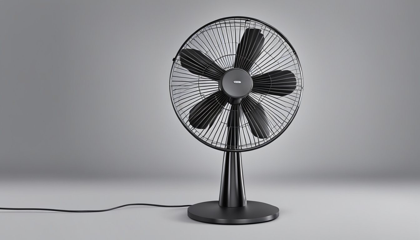 A sleek, modern standing fan with three adjustable blades and a tall, sturdy base. The fan is turned on, and the blades are spinning rapidly, creating a cool breeze in the room