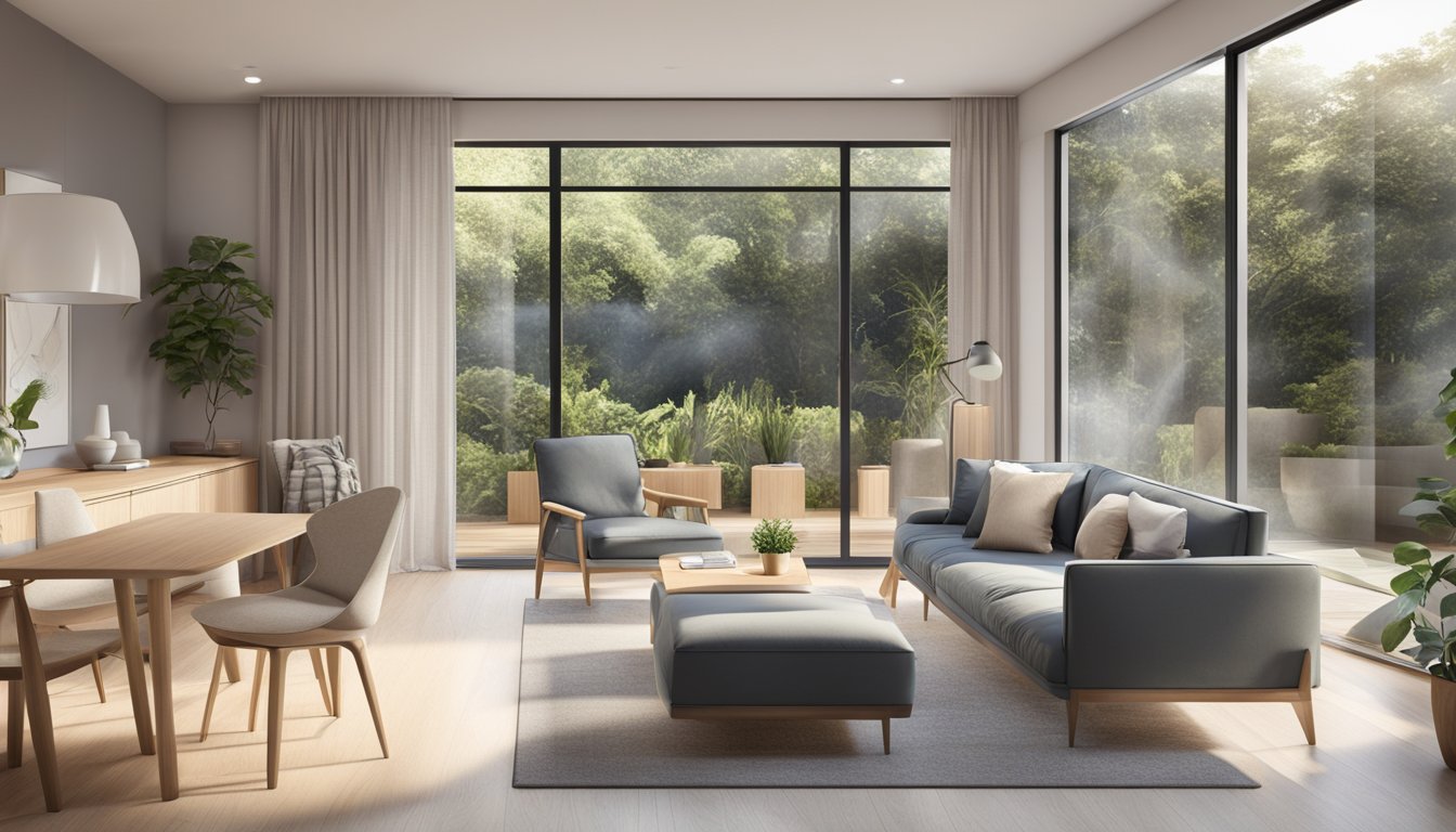 A modern 3-room BTO with sleek furniture, neutral colors, and natural light streaming in through large windows