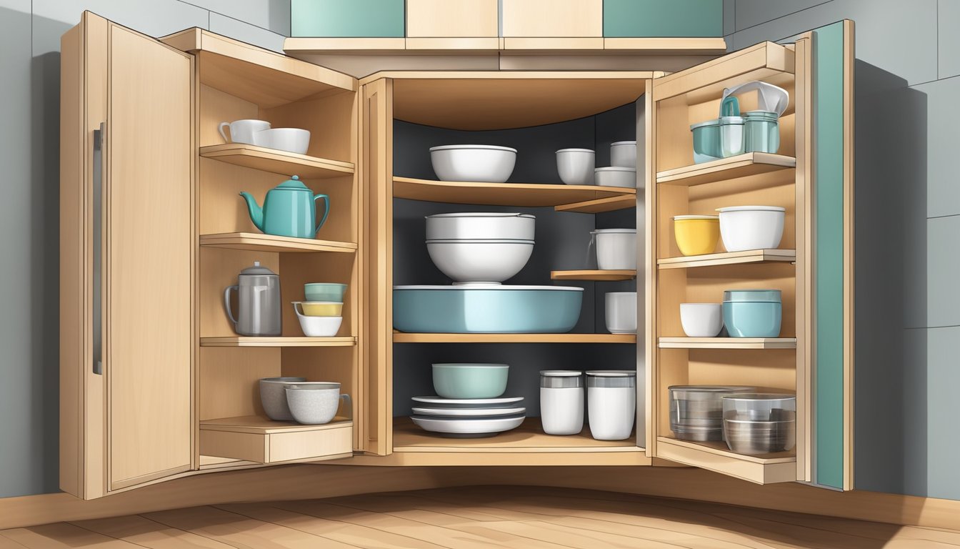 A corner cabinet with rotating shelves, organized with various kitchen items for efficient storage
