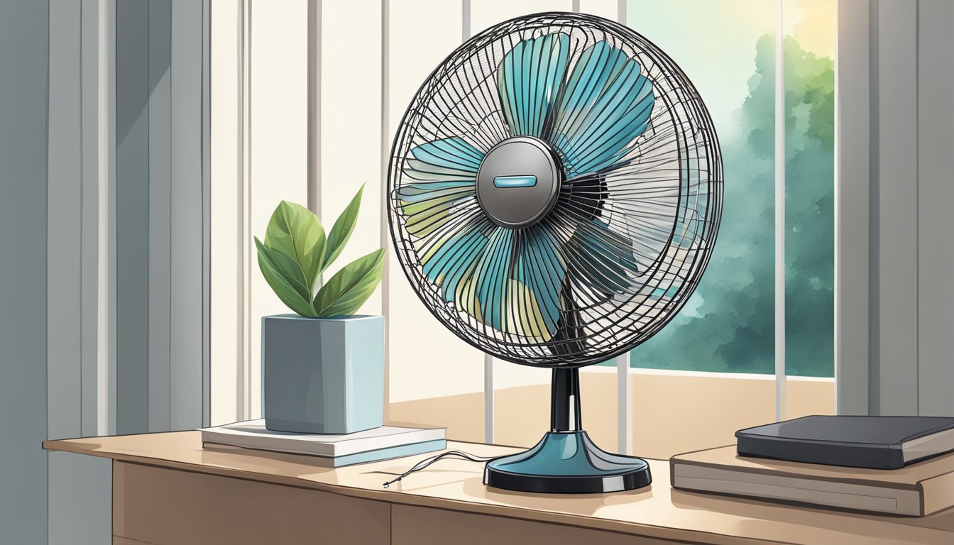 A sleek, modern standing fan stands tall, its blades spinning gracefully in a well-lit room