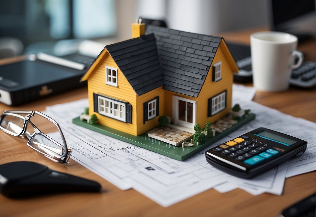 A tiny house surrounded by cost-related items: blueprints, construction materials, budget sheets, and a calculator