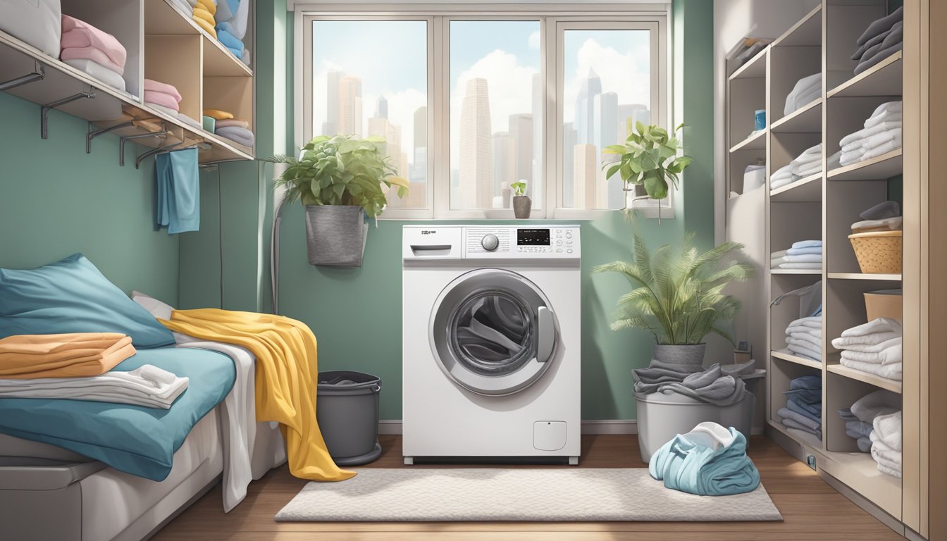 A small, affordable washing machine in a cluttered Singaporean apartment, surrounded by laundry detergent and a pile of dirty clothes