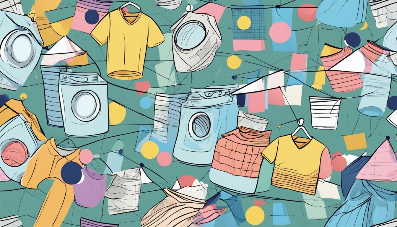 A pile of laundry with various symbols on the tags, including circles, squares, and triangles with lines and dots inside