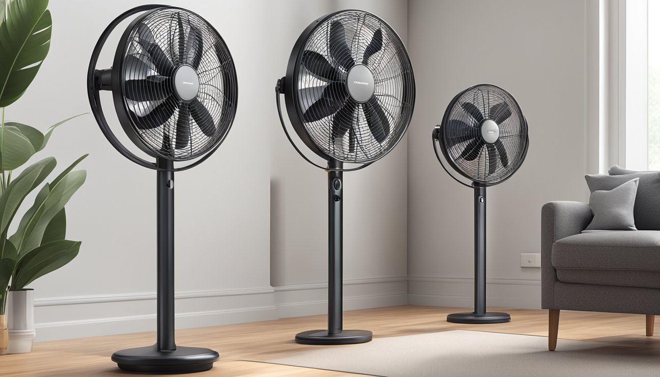 A standing fan surrounded by positive reviews and recommendations, with a sleek design and powerful airflow