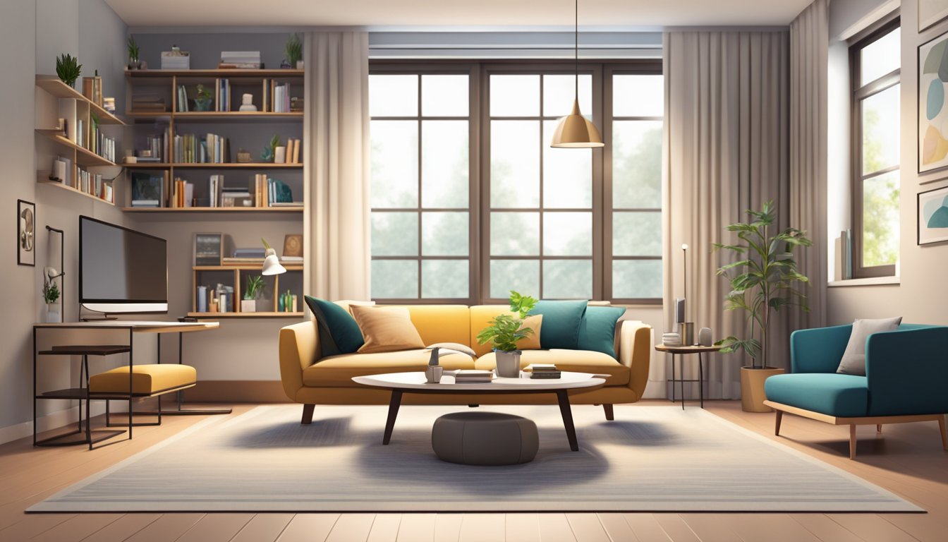 A spacious living room with modern furniture, a cozy bedroom with a large bed and a stylish study room with a sleek desk and bookshelves