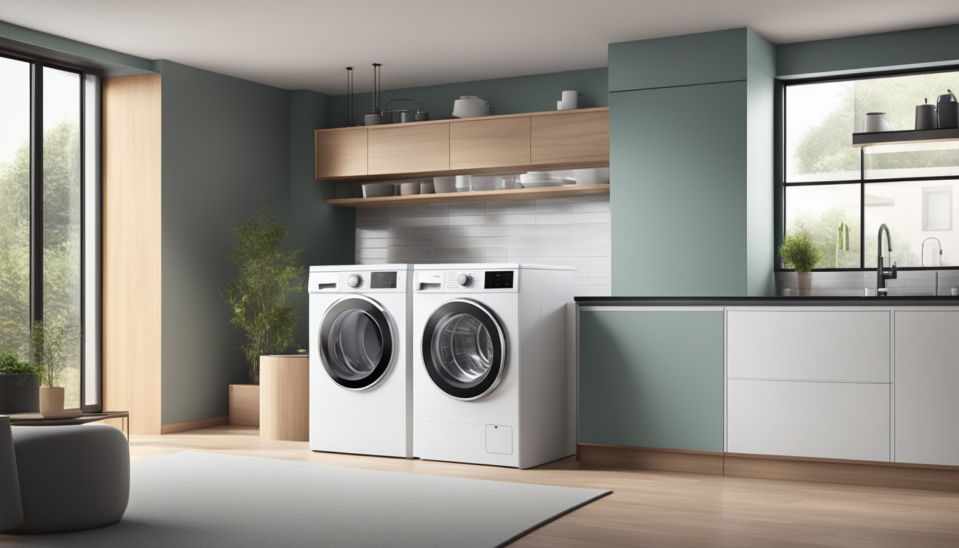 A sleek, compact washing machine with digital controls and energy-efficient features, surrounded by modern appliances in a minimalist kitchen setting