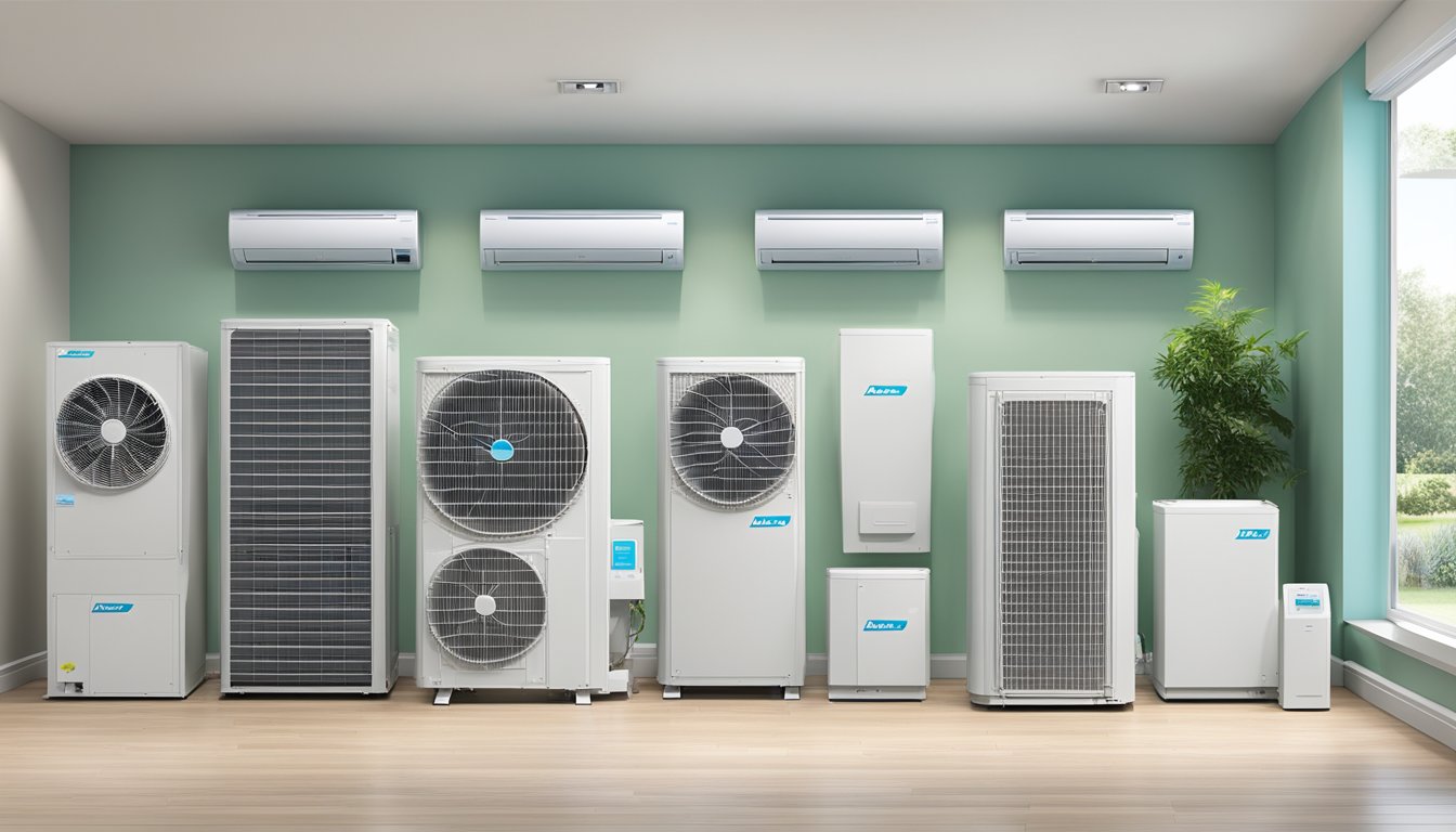 A wide range of Daikin air conditioning units displayed in a bright, spacious showroom. Various models and sizes are showcased, highlighting the diversity of Daikin's product range