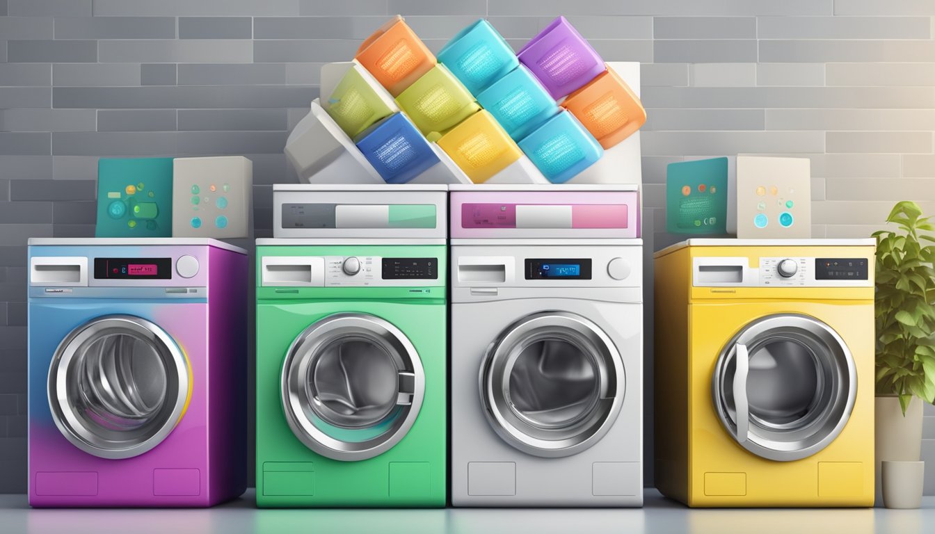 A stack of colorful washing machines with "Frequently Asked Questions" displayed on a digital screen