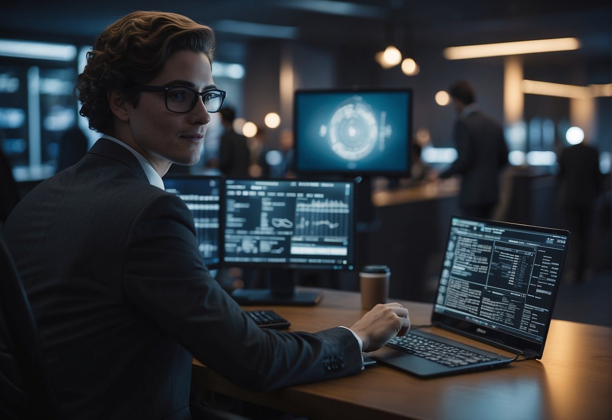 A person receiving a job offer for their first AI position, with a computer screen displaying code and data analysis, and a celebratory expression on their face