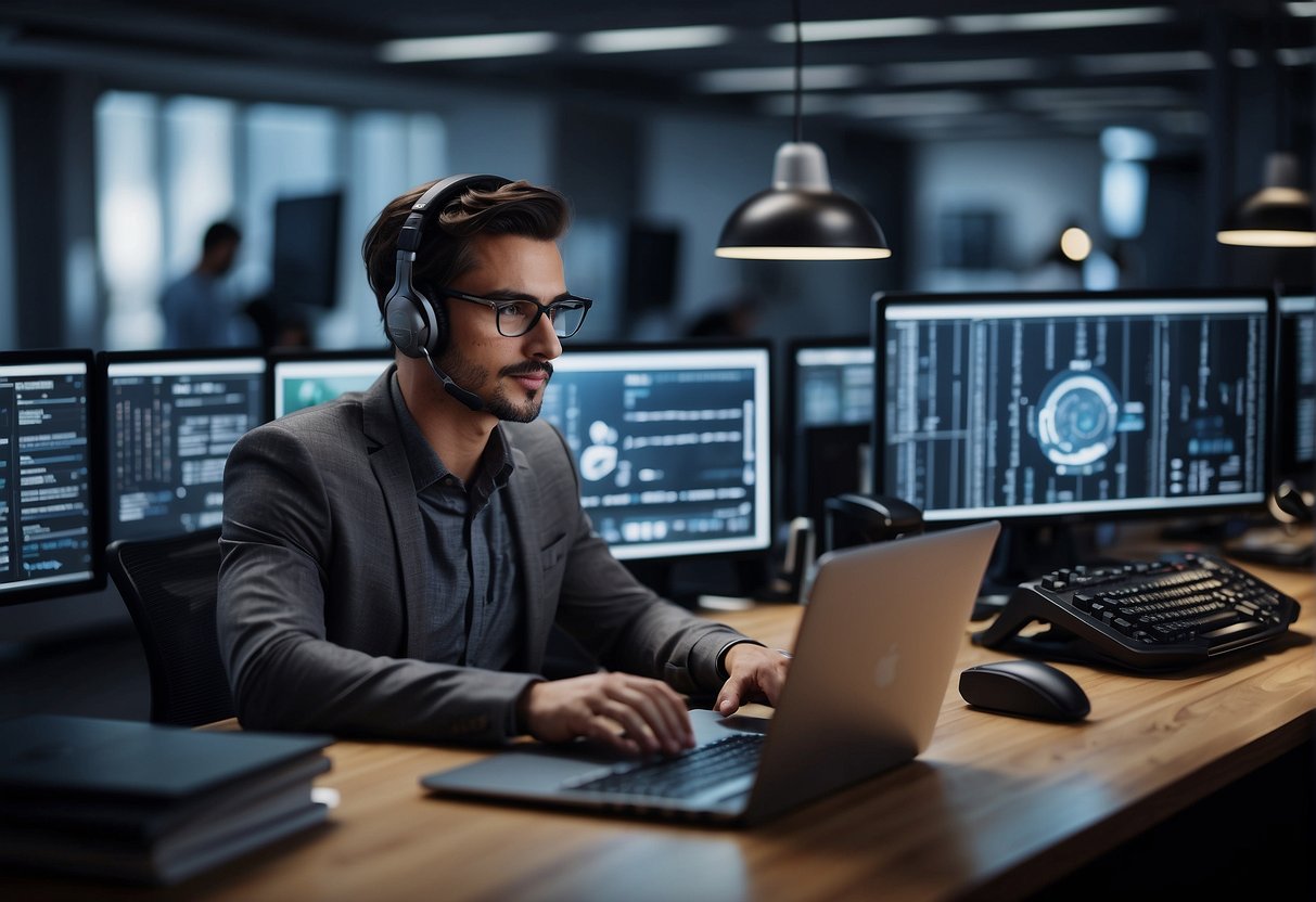 An AI professional surrounded by computer screens, coding books, and futuristic technology, while collaborating with a diverse team in a modern office space